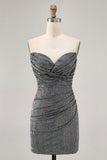 Sparkly White Silver Strapless Sequin Ruched Tight Short Homecoming Dress