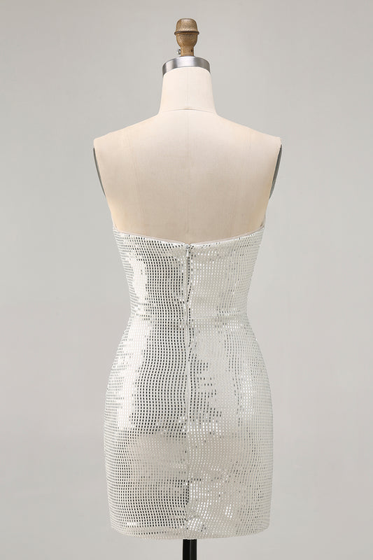 Sparkly White Silver Strapless Sequin Ruched Tight Short Homecoming Dress