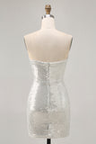 Sparkly White Silver Strapless Sequin Ruched Tight Short Homecoming Dress