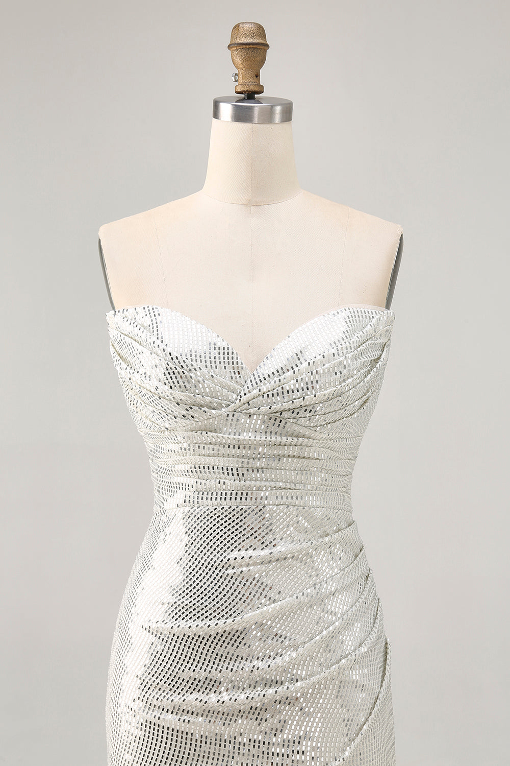 Sparkly White Silver Strapless Sequin Ruched Tight Short Homecoming Dress