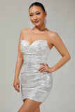 Sparkly Black Sequin Strapless Ruched Tight Short Homecoming Dress
