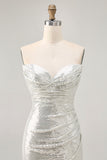 Sparkly White Silver Strapless Sequin Ruched Tight Short Homecoming Dress