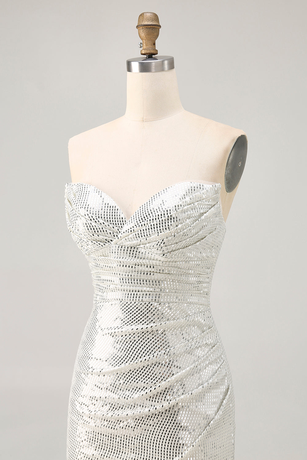 Sparkly White Silver Strapless Sequin Ruched Tight Short Homecoming Dress