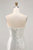 Sparkly White Silver Strapless Sequin Ruched Tight Short Homecoming Dress