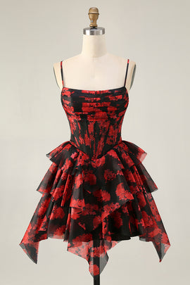 Black Red A Line Corset Short Tiered Homecoming Dress with Ruffles