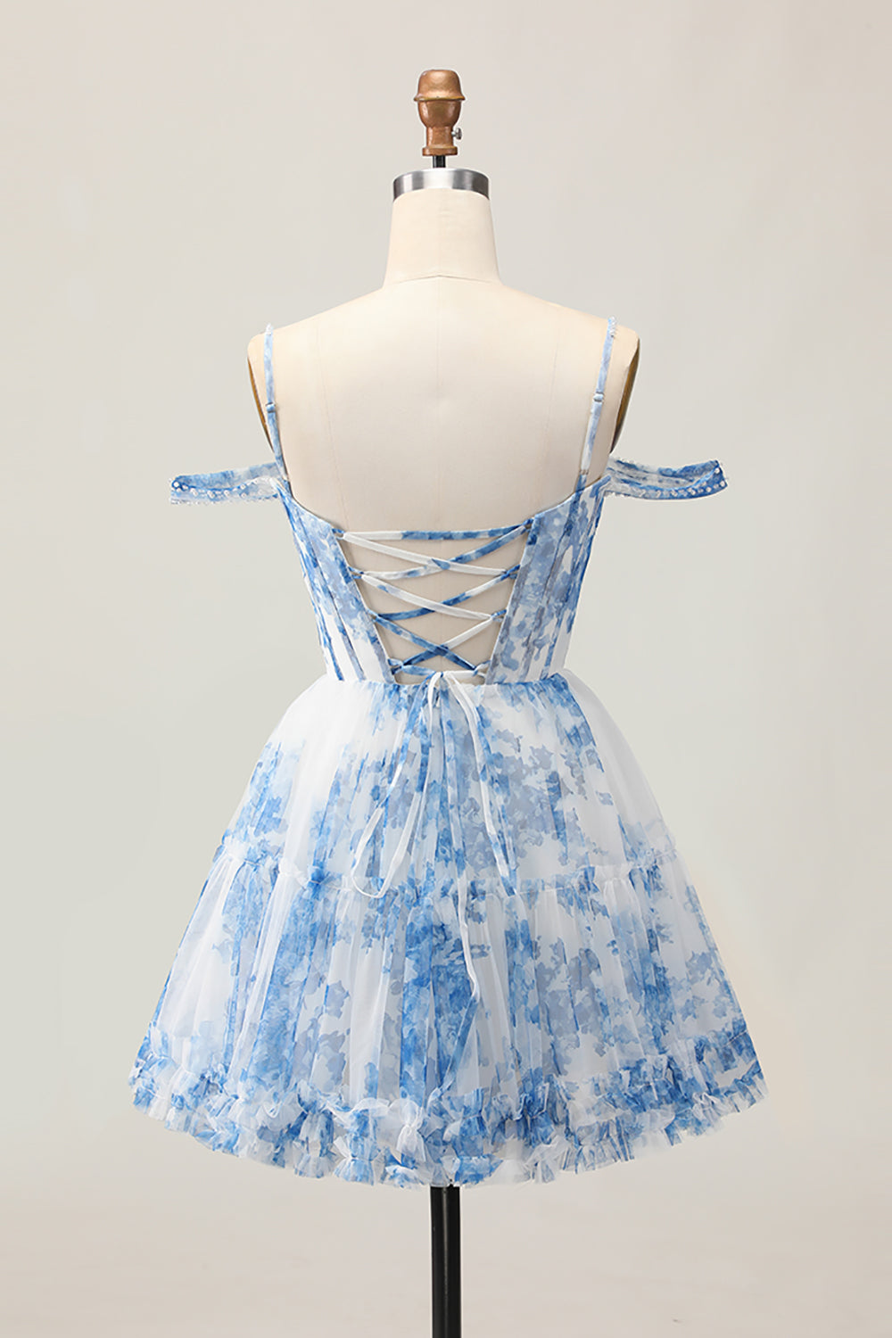 White Blue Flower Corset A Line Cold Shoulder Short Homecoming Dress
