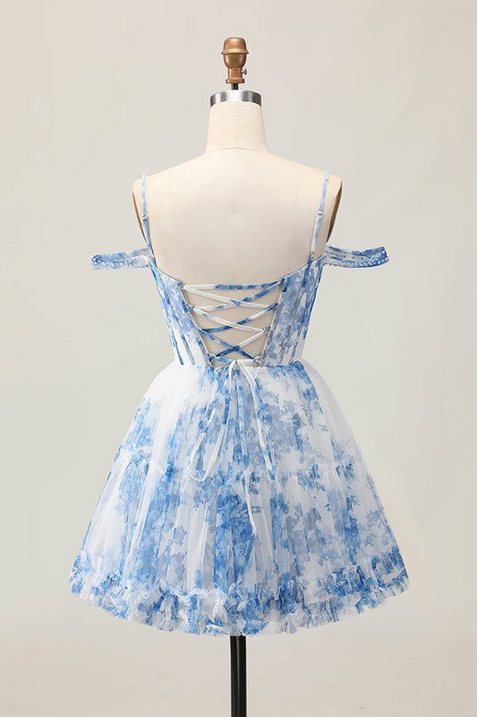 White Blue Flower Corset A Line Cold Shoulder Short Homecoming Dress