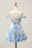 White Blue Flower Corset A Line Cold Shoulder Short Homecoming Dress