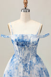 White Blue Flower Corset A Line Cold Shoulder Short Homecoming Dress