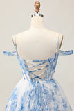 White Blue Flower Corset A Line Cold Shoulder Short Homecoming Dress