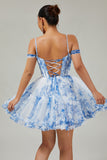 White Blue Flower Corset A Line Cold Shoulder Short Homecoming Dress
