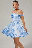 White Blue Flower Corset A Line Cold Shoulder Short Homecoming Dress