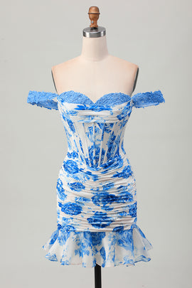 White and Blue Floral Corset Tight Short Homecoming Dress with Appliques