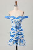 White Blue Corset Floral Short Tight Homecoming Dress with Appliques