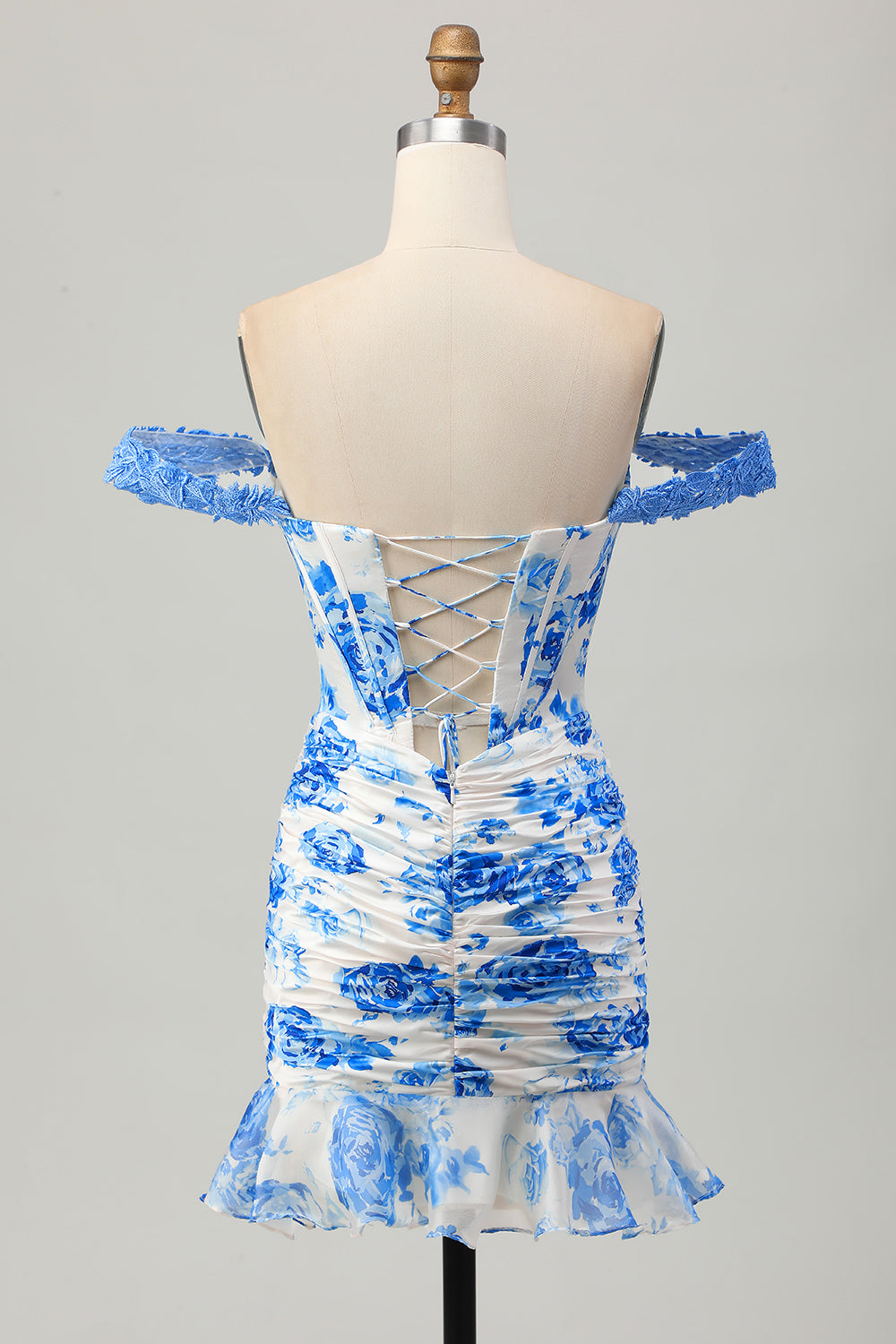 Zapakasa Women White and Blue Floral Corset Tight Short Homecoming Dress Off the Shoulder Ruched Ruffled Lace Up Back Cocktail Dress with Appliques Zapakasa Women White and Blue Floral Corset Tight Short Homecoming Dress Off the Shoulder Ruched Ruffled Lace Up Back Cocktail Dress with Appliques
