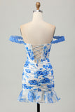 White Blue Corset Floral Short Tight Homecoming Dress with Appliques
