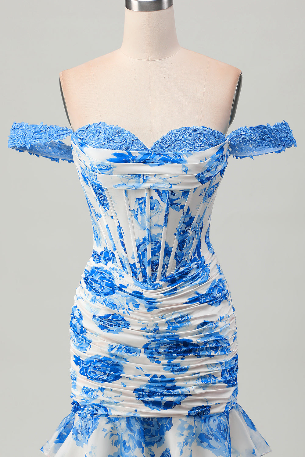 White and Blue Floral Corset Tight Short Homecoming Dress with Appliques