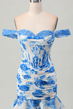White and Blue Floral Corset Tight Short Homecoming Dress with Appliques