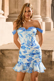 White Blue Corset Floral Short Tight Homecoming Dress with Appliques