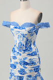White and Blue Floral Corset Tight Short Homecoming Dress with Appliques