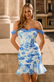 White Blue Corset Floral Short Tight Homecoming Dress with Appliques