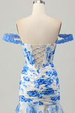White and Blue Floral Corset Tight Short Homecoming Dress with Appliques