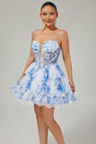 White and Blue Floral Ruffled Short Corset Homecoming Dress with Pearls