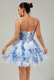 White and Blue Floral Ruffled Short Corset Homecoming Dress with Pearls