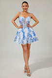 White and Blue Floral Ruffled Short Corset Homecoming Dress with Pearls