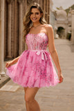 Pink Corset Floral A Line Short Homecoming Dress with Bow