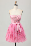 Pink Corset Floral A Line Short Homecoming Dress with Bow