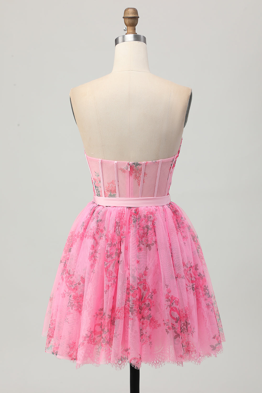 Pink Corset Floral A Line Short Homecoming Dress with Bow