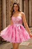 Pink Corset Floral A Line Short Homecoming Dress with Bow