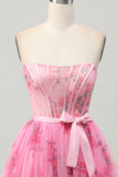 Pink Floral Corset Strapless Short Homecoming Dress with Bow