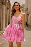 Pink Corset Floral A Line Short Homecoming Dress with Bow