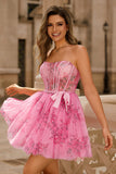 Pink Corset Floral A Line Short Homecoming Dress with Bow