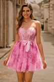 Pink Corset Floral A Line Short Homecoming Dress with Bow