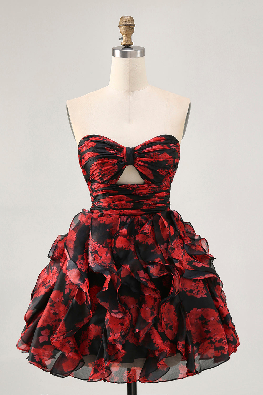 Zapakasa Women Black and Red Floral Short Homecoming Dress with Ruffles Cut Out A Line Sweetheart Ruched Cocktail Dress Zapakasa Women Black and Red Floral Short Homecoming Dress with Ruffles Cut Out A Line Sweetheart Ruched Cocktail Dress
