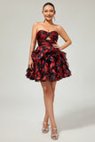 Black and Red Sweetheart Floral Cut Out Short Homecoming Dress with Ruffles