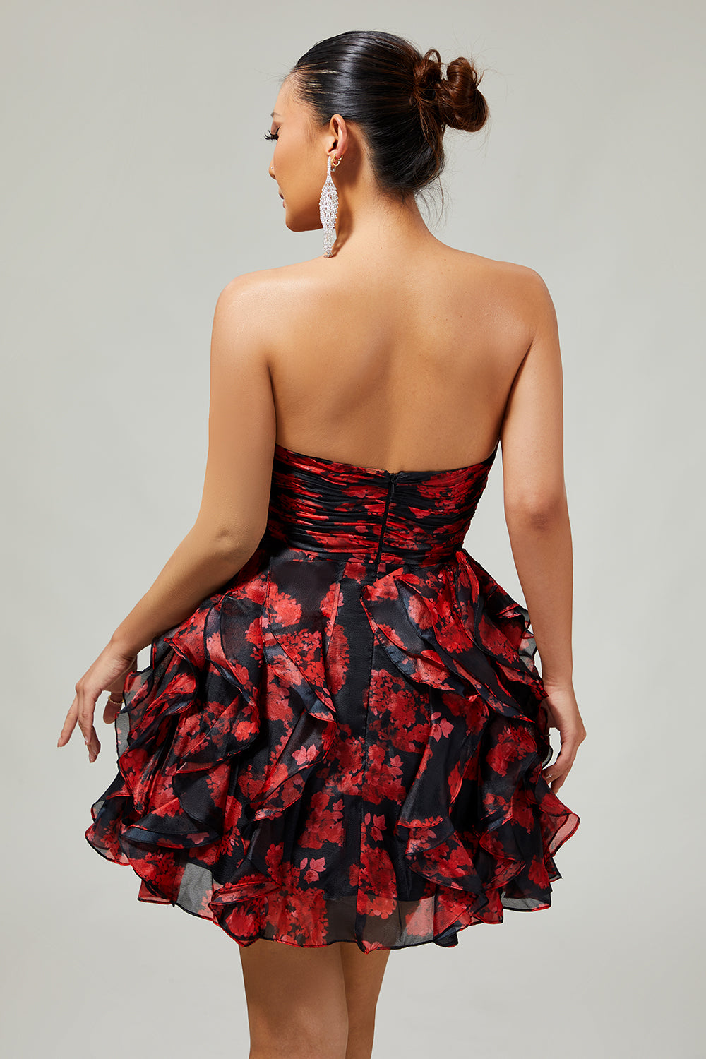 Zapakasa Women Black and Red Floral Short Homecoming Dress with Ruffles