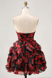Black and Red Sweetheart Floral Cut Out Short Homecoming Dress with Ruffles