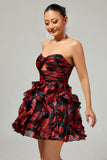 Black and Red Sweetheart Floral Cut Out Short Homecoming Dress with Ruffles
