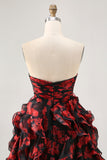 Black and Red Sweetheart Floral Cut Out Short Homecoming Dress with Ruffles