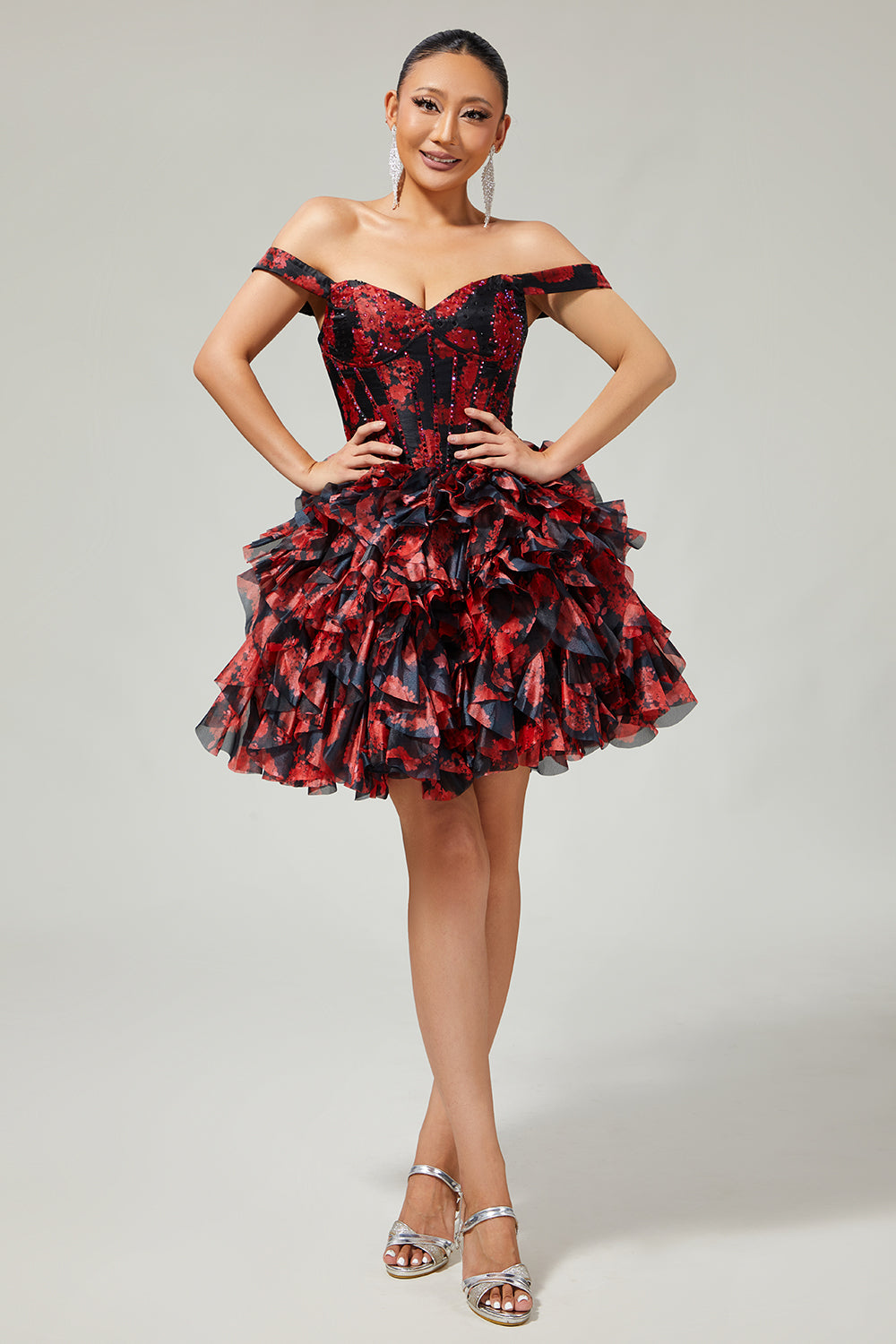 red and black floral dress Print Ruched Side Strappy Midi Padded3D applique Zapakasa Women Sparkly Black and