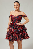 Sparkly Black and Red Floral Short Corset Homecoming Dress with Beading