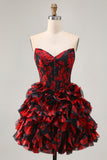 Sparkly Black and Red Floral Short Corset Homecoming Dress with Beading