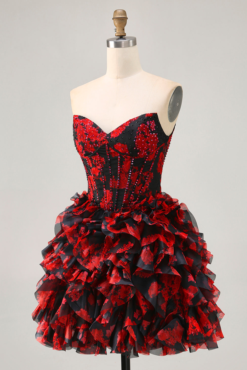 Zapakasa Women Sparkly Black and Red Floral Short Corset Homecoming Dress with Beading Off the Shoulder A Line Cocktail Dress with Ruffles