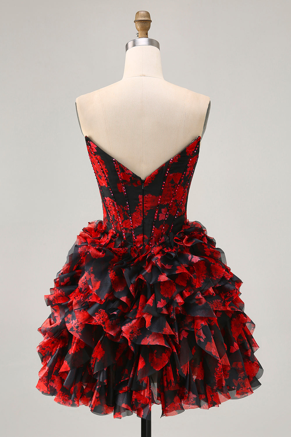 short corset prom dresses Zapakasa Women Sparkly Black and Red Floral Short Corset Homecoming Dress with Beading Off the Shoulder A Line Cocktail Dress with Ruffles
