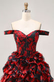 Sparkly Black and Red Floral Short Corset Homecoming Dress with Beading