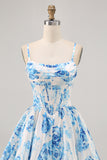 White and Blue Satin Floral Ruched Short Corset Homecoming Dress
